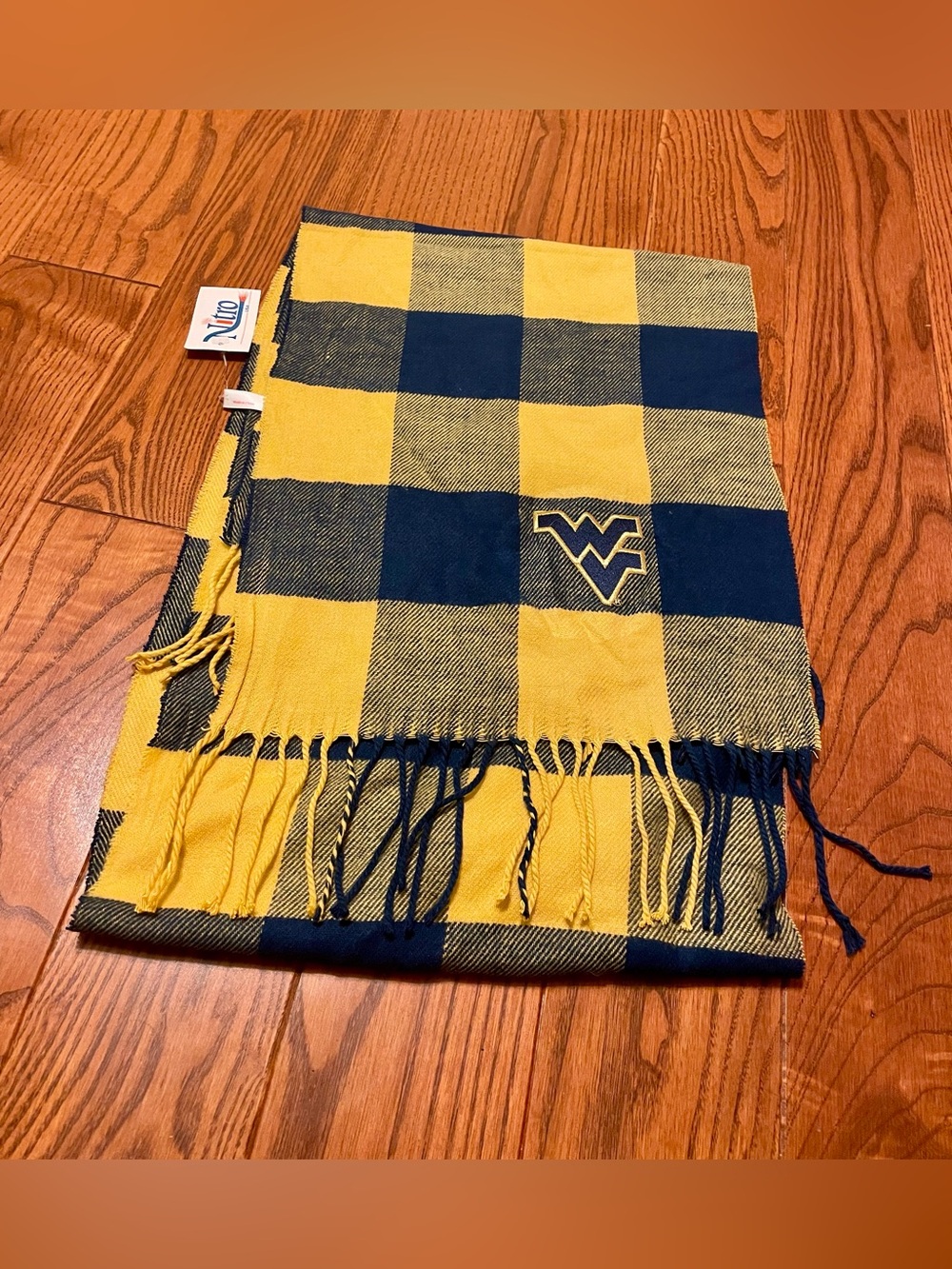 NWT WVU Gold & Blue Plaid Fringe Scarf